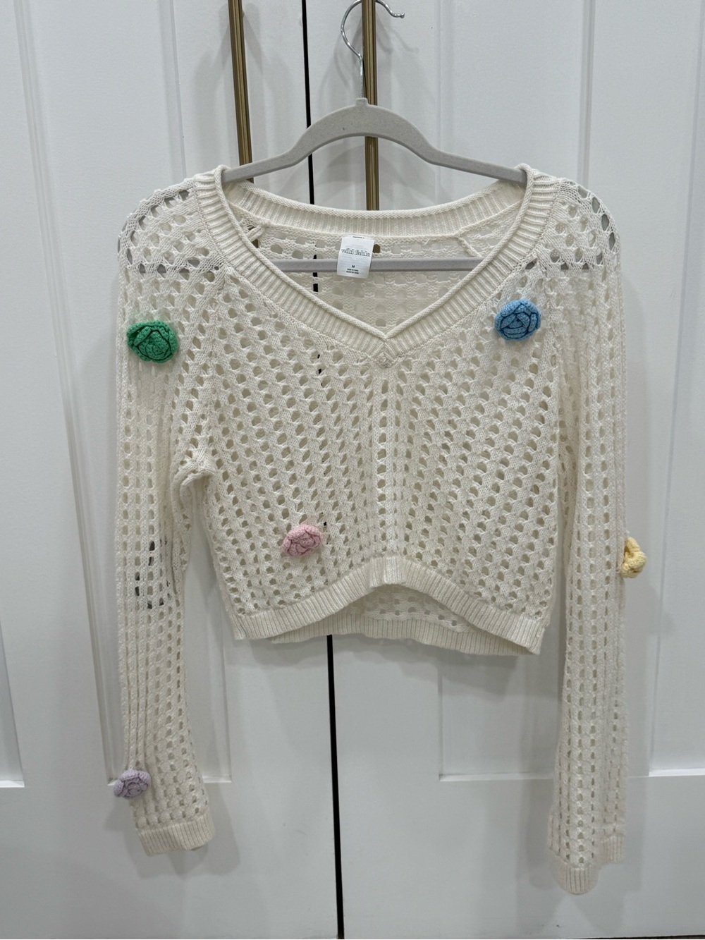wild fable Cream Open-Knit V-Neck Sweater with Multicolor Rosettes